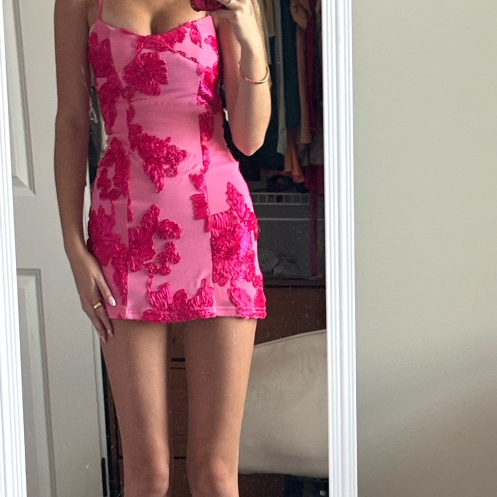 Peppermayo Hot Pink Floral Homecoming Mini Dress